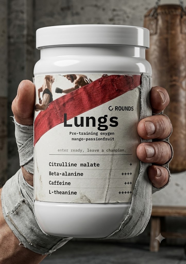 Hand wrapped in white cotton boxing wraps holding a ROUNDS LUNGS tub